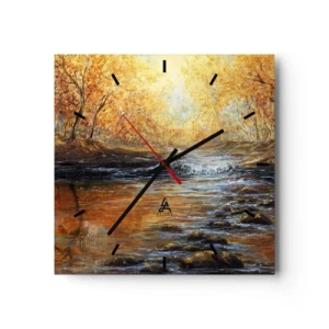 Orologio da parete - Orologio in Vetro - Paesaggio autunnale con un fiume tra gli alberi - 30x30cm - Ruscello d'oro - Decorazione murale moderna per soggiorno e camera da letto ARTTOR