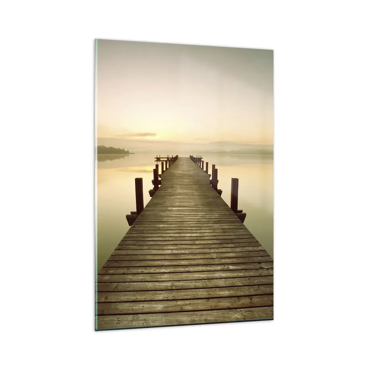 Quadro su vetro - Un molo di legno su un lago calmo al mattino - 80x120cm - Aurora, alba, luce - Decorazione murale moderna per soggiorno e camera da letto ARTTOR