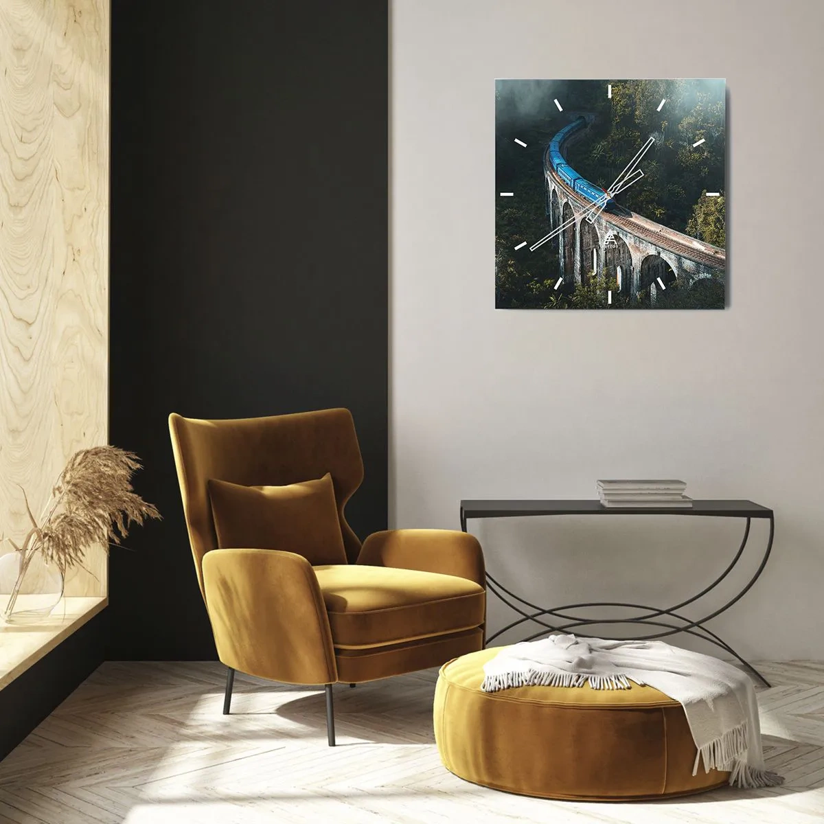 Orologio da parete - Orologio in Vetro - Un treno blu su un viadotto storico tra le foreste - 30x30cm - Attrazione della natura - Decorazione murale moderna per soggiorno e camera da letto ARTTOR