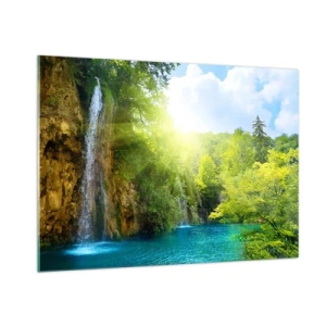 Quadro su vetro - Una cascata che sfocia in un lago blu circondato dal verde - 100x70cm - Così deve essere il paradiso - Decorazione murale moderna per soggiorno e camera da letto ARTTOR