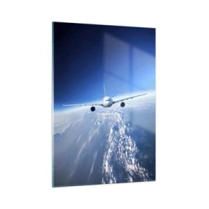 Quadro su vetro - Un aereo passeggeri contro un cielo azzurro e nuvole - 50x70cm - Voglia di volare - Decorazione murale moderna per soggiorno e camera da letto ARTTOR