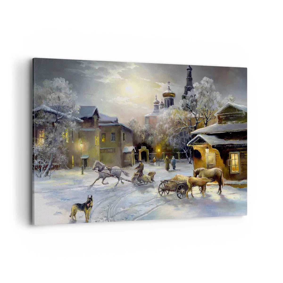 Quadro su tela - Stampe su Tela - Paesaggio invernale in una città russa con una slitta e una chiesa - 120x80cm - La magia dell'inverno russo - Decorazione murale moderna per soggiorno e camera da letto ARTTOR