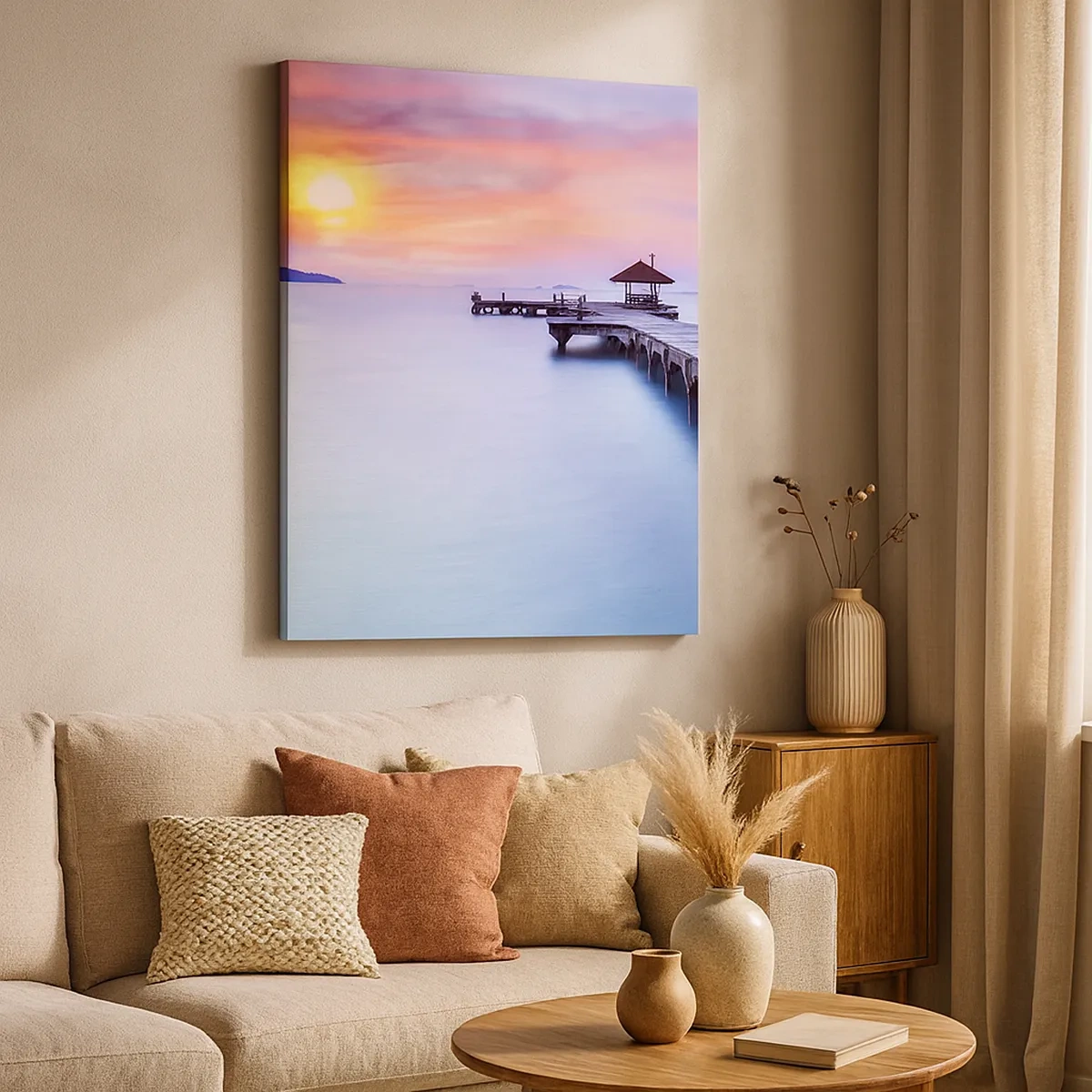 Quadro su tela - Stampe su Tela - Molo di legno che conduce all'acqua durante il tramonto - 50x70cm - Un mare di pace fino all'orizzonte - Decorazione murale moderna per soggiorno e camera da letto ARTTOR