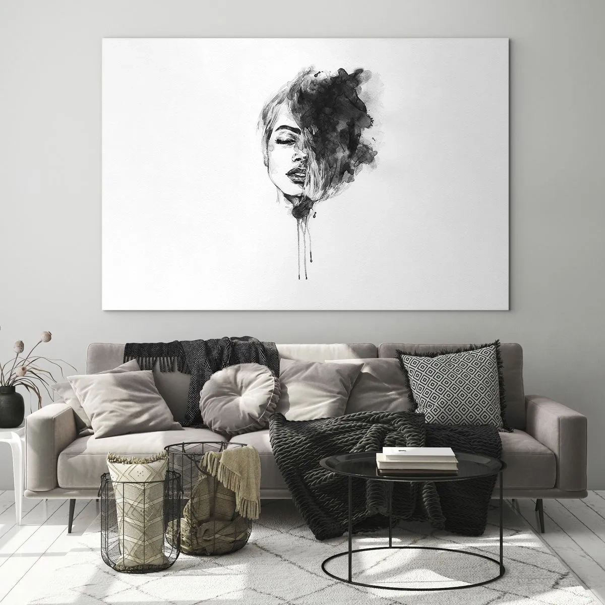 Quadro su vetro - Ritratto in bianco e nero di una donna con un'ombra astratta - 120x80cm - Cosa sogna la ragazza - Decorazione murale moderna per soggiorno e camera da letto ARTTOR