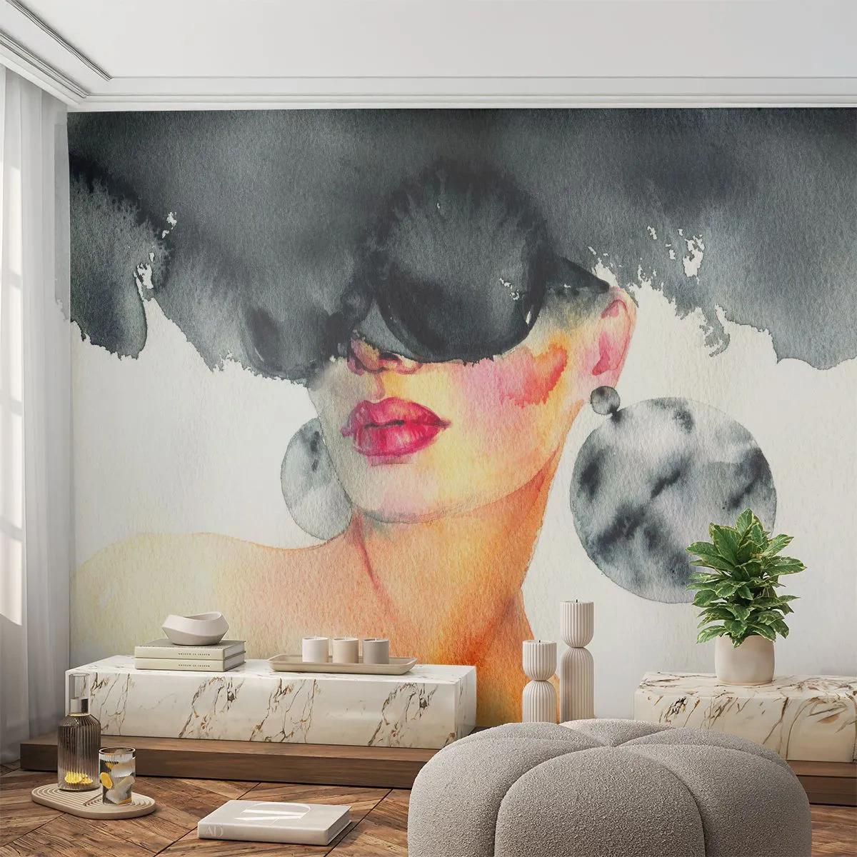 Fotomurali Standard Eco - Il segreto dell'eleganza - Volto di donna, Donna, Cappello - 300x210 cm