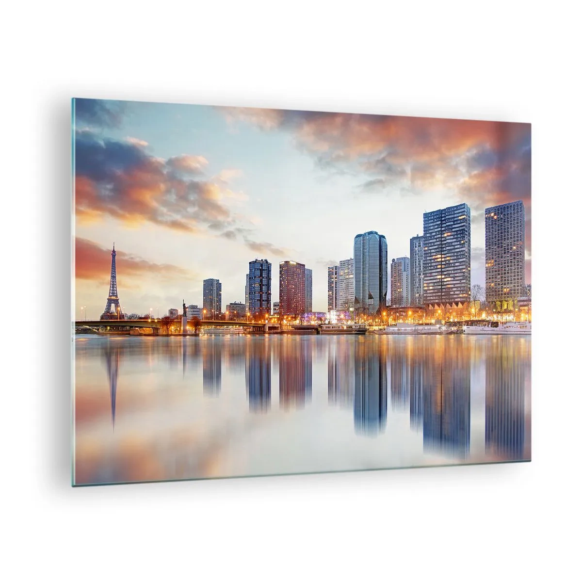 Quadro su vetro - Panorama di Parigi con la Torre Eiffel e gli edifici moderni al tramonto - 70x50cm - La pace monumentale di Parigi - Decorazione murale moderna per soggiorno e camera da letto ARTTOR