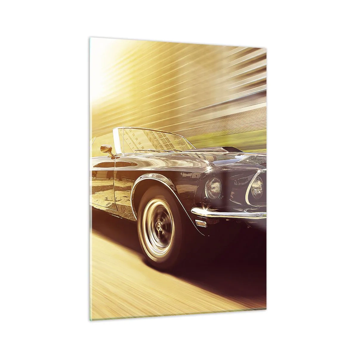 Quadro su vetro - Auto d'epoca in movimento alla luce del sole - 50x70cm - 1967: il ritorno della leggenda - Decorazione murale moderna per soggiorno e camera da letto ARTTOR