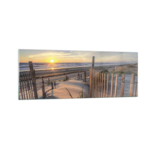 Quadro su vetro - Spiaggia al tramonto con recinzione in legno - 140x50cm - Luci e ombre del vento - Decorazione murale moderna per soggiorno e camera da letto ARTTOR