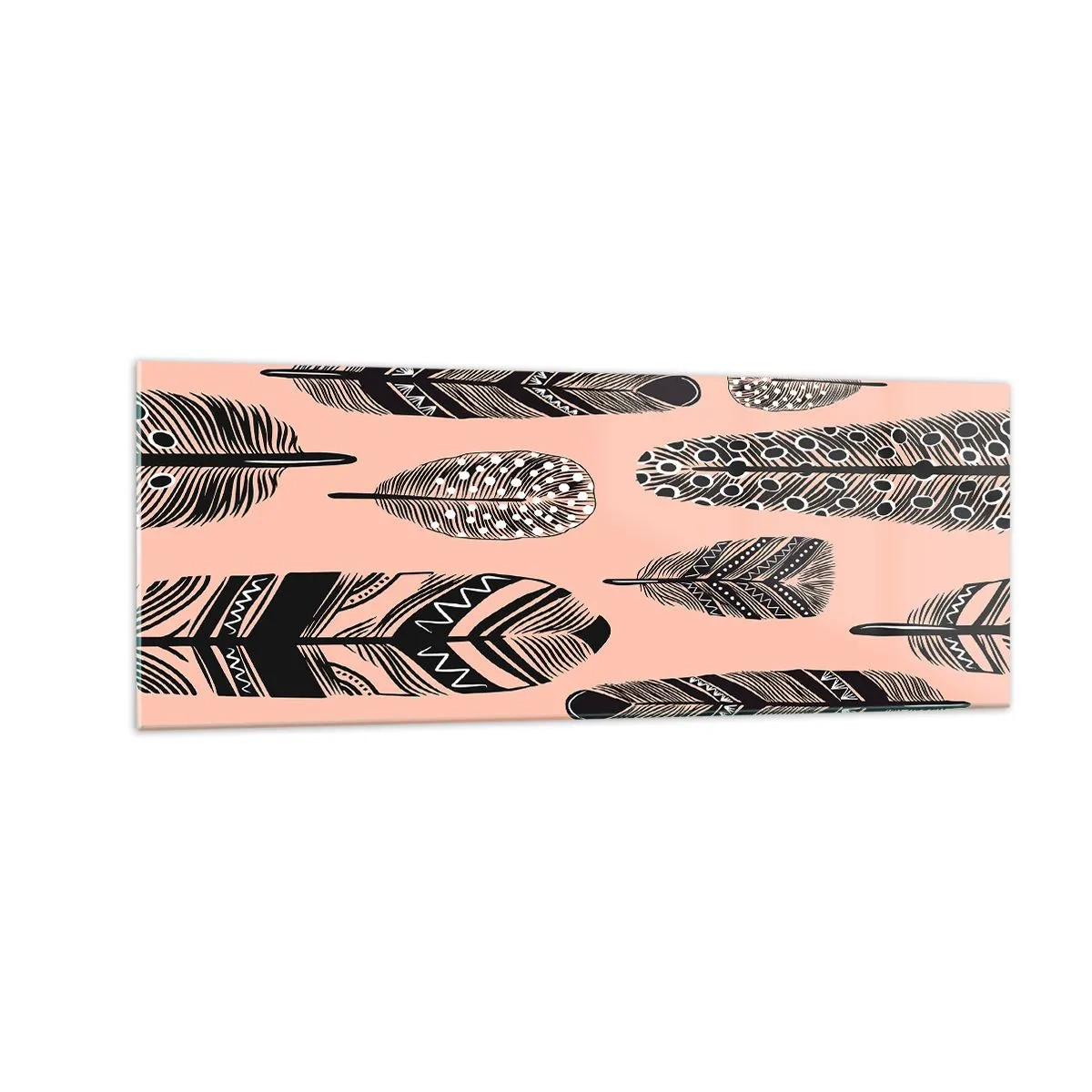 Quadro su vetro - Piume decorative su sfondo chiaro - 140x50cm - Collezione indiana - Decorazione murale moderna per soggiorno e camera da letto ARTTOR
