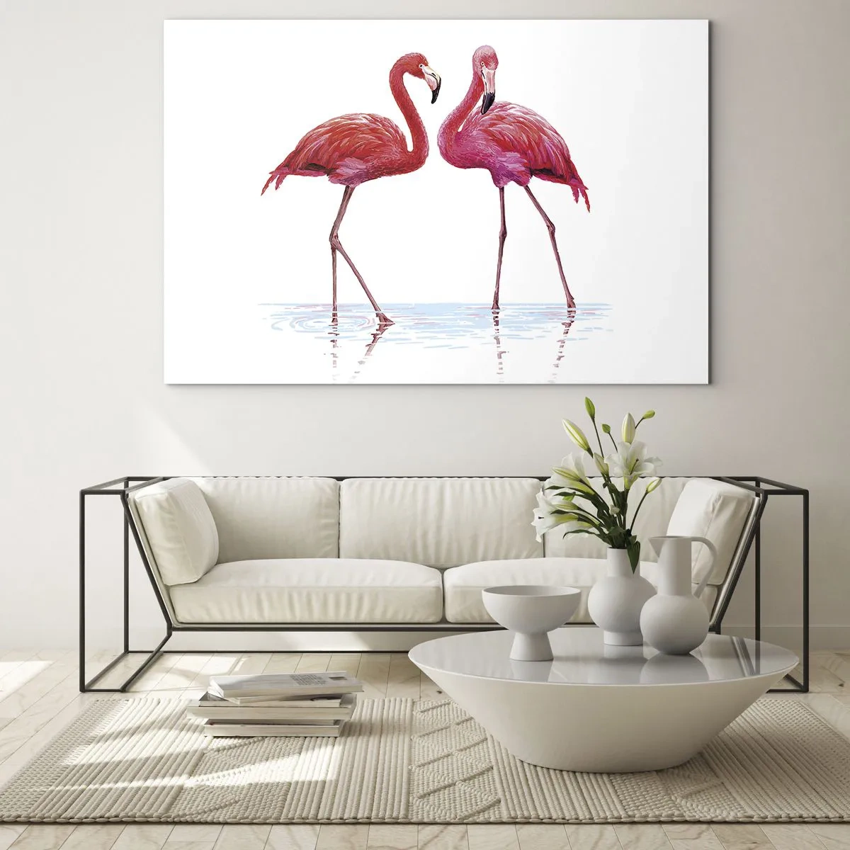 Quadro su vetro - Due fenicotteri rosa in piedi nell'acqua - 70x50cm - Appuntamento in rosa - Decorazione murale moderna per soggiorno e camera da letto ARTTOR