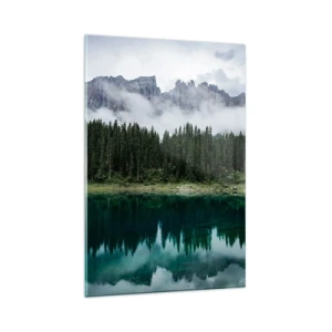 Quadro su vetro - Un paesaggio montano con una foresta e un lago che riflette il cielo - 80x120cm - Silenzio, non svegliamo l'acqua che dorme... - Decorazione murale moderna per soggiorno e camera da letto ARTTOR
