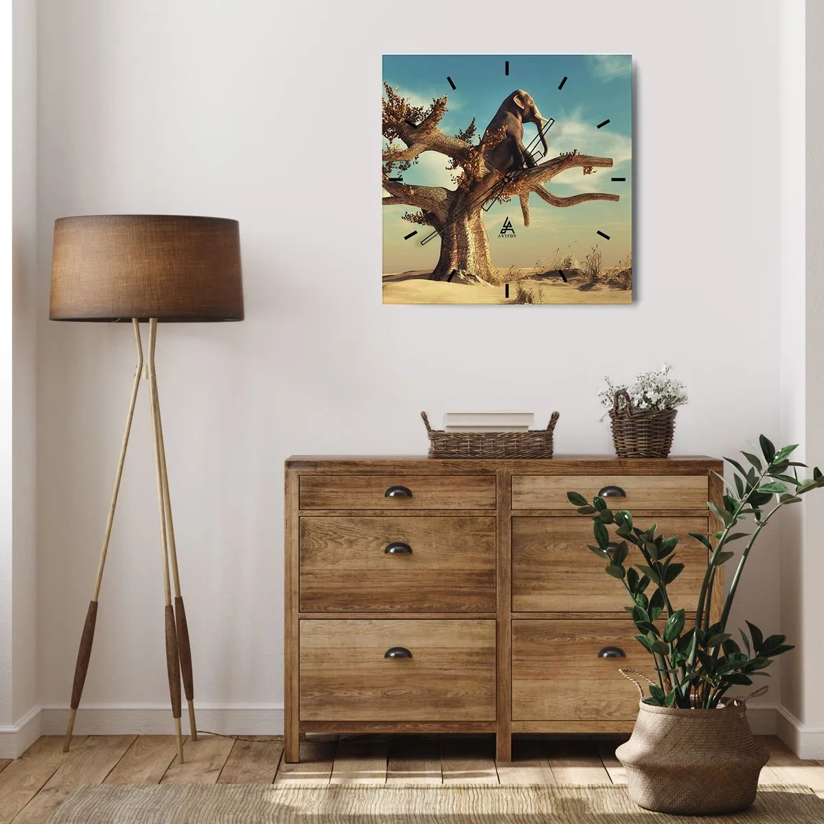 Orologio da parete - Orologio in Vetro - Un elefante seduto su un albero in un paesaggio surreale - 30x30cm - Nuovo punto di vista - Decorazione murale moderna per soggiorno e camera da letto ARTTOR