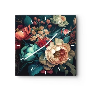 Orologio da parete - Orologio in Vetro - Una composizione colorata di fiori su uno sfondo scuro - 30x30cm - Il fascino del 19esimo secolo - Decorazione murale moderna per soggiorno e camera da letto ARTTOR