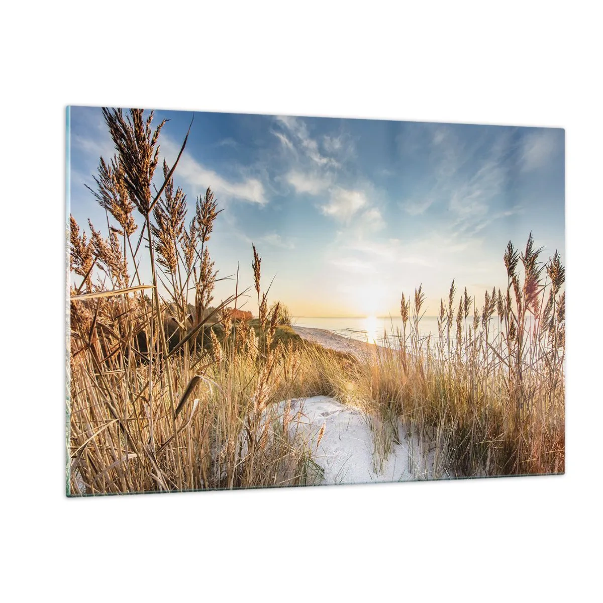 Quadro su vetro - Tramonto su una spiaggia con dune ricoperte d'erba - 120x80cm - Spiaggia del nord - Decorazione murale moderna per soggiorno e camera da letto ARTTOR