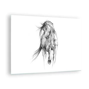 Quadro su vetro - Uno schizzo di un cavallo al galoppo in stile minimalista - 70x50cm - Trotto aggraziato - Decorazione murale moderna per soggiorno e camera da letto ARTTOR