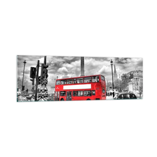 Quadro su vetro - Un autobus rosso a due piani sullo sfondo di una città in bianco e nero - 160x50cm - Il vero flusso sanguigno della città - Decorazione murale moderna per soggiorno e camera da letto ARTTOR
