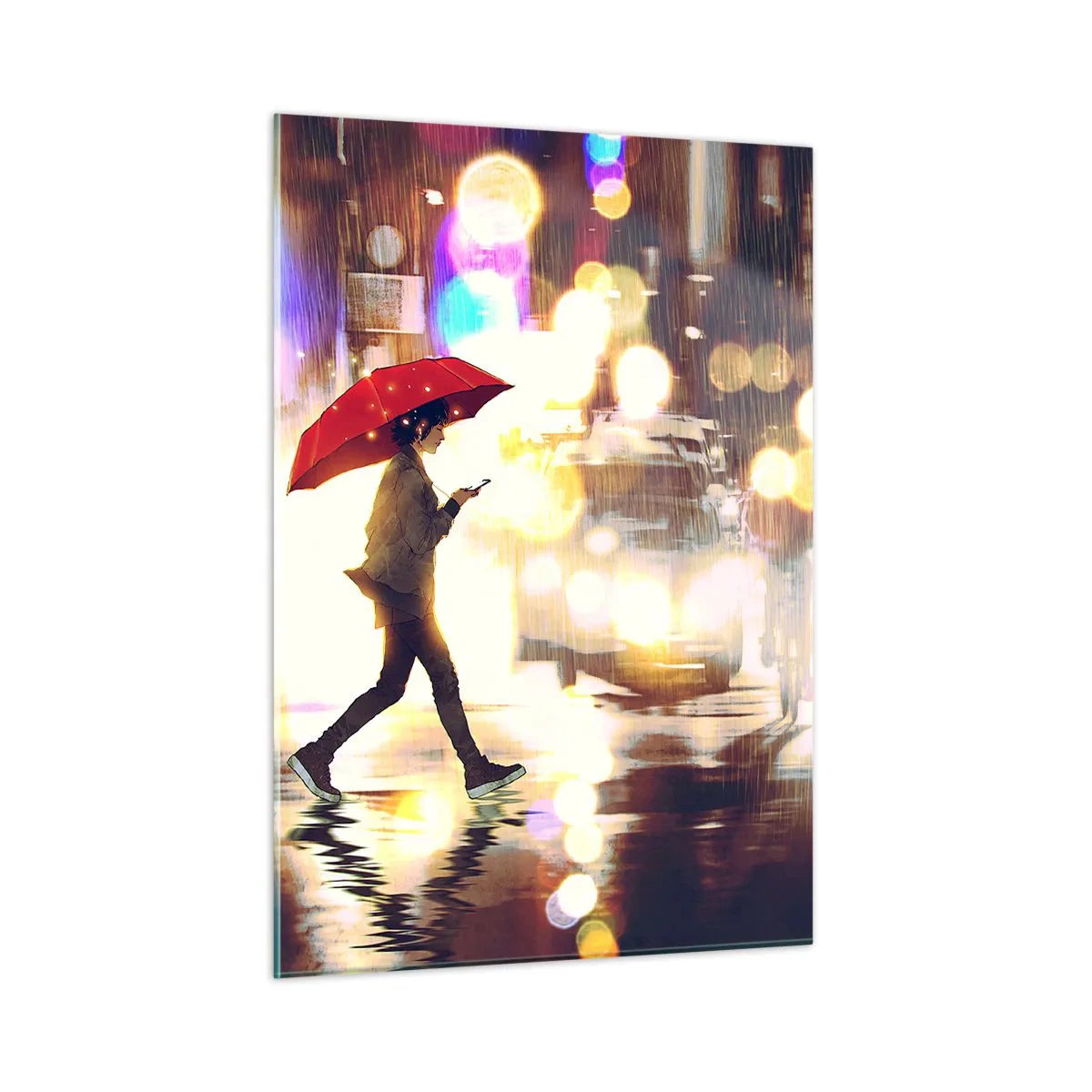 Quadro su vetro - Una figura con un ombrello rosso su una strada piovosa di notte - 50x70cm - Tuttavia è assolata - Decorazione murale moderna per soggiorno e camera da letto ARTTOR