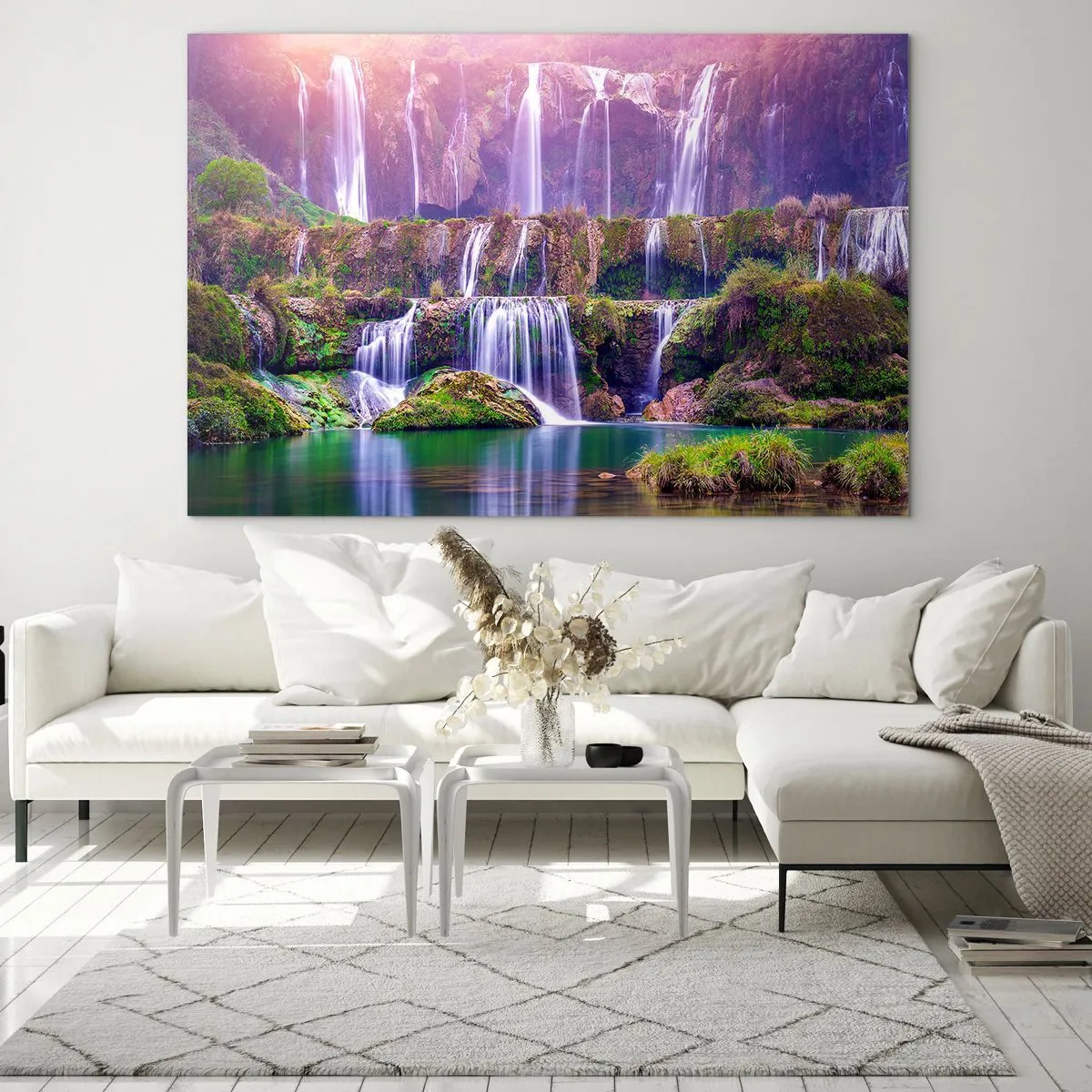 Quadro su vetro - Pittoresche cascate che scorrono lungo le rocce verdi al tramonto - 120x80cm - La scala verso il cielo - Decorazione murale moderna per soggiorno e camera da letto ARTTOR