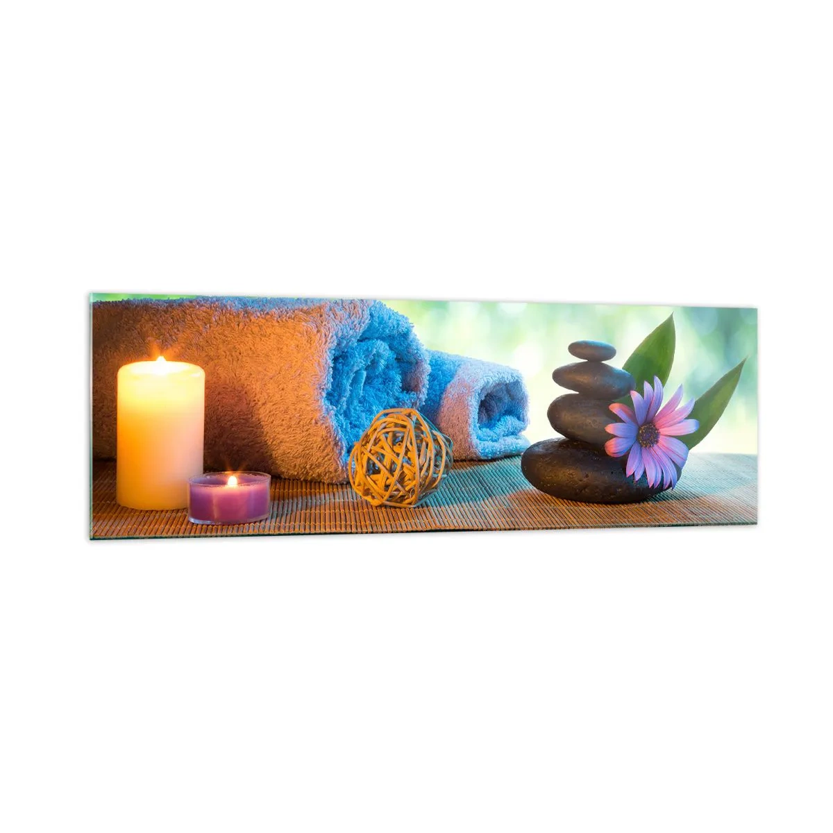 Quadro su vetro - Set SPA rilassante con asciugamani, candele e pietre - 160x50cm - Tempo per il corpo - Decorazione murale moderna per soggiorno e camera da letto ARTTOR