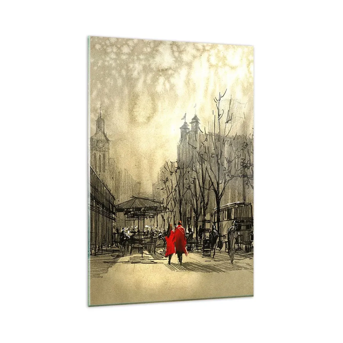 Quadro su vetro - Una figura rossa in un nostalgico contesto urbano - 80x120cm - Appuntamento nella nebbia di Londra - Decorazione murale moderna per soggiorno e camera da letto ARTTOR