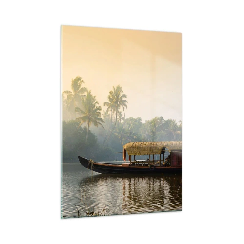 Quadro su vetro - Una barca su un fiume calmo circondata da palme al mattino - 50x70cm - Casa sul fiume - Decorazione murale moderna per soggiorno e camera da letto ARTTOR