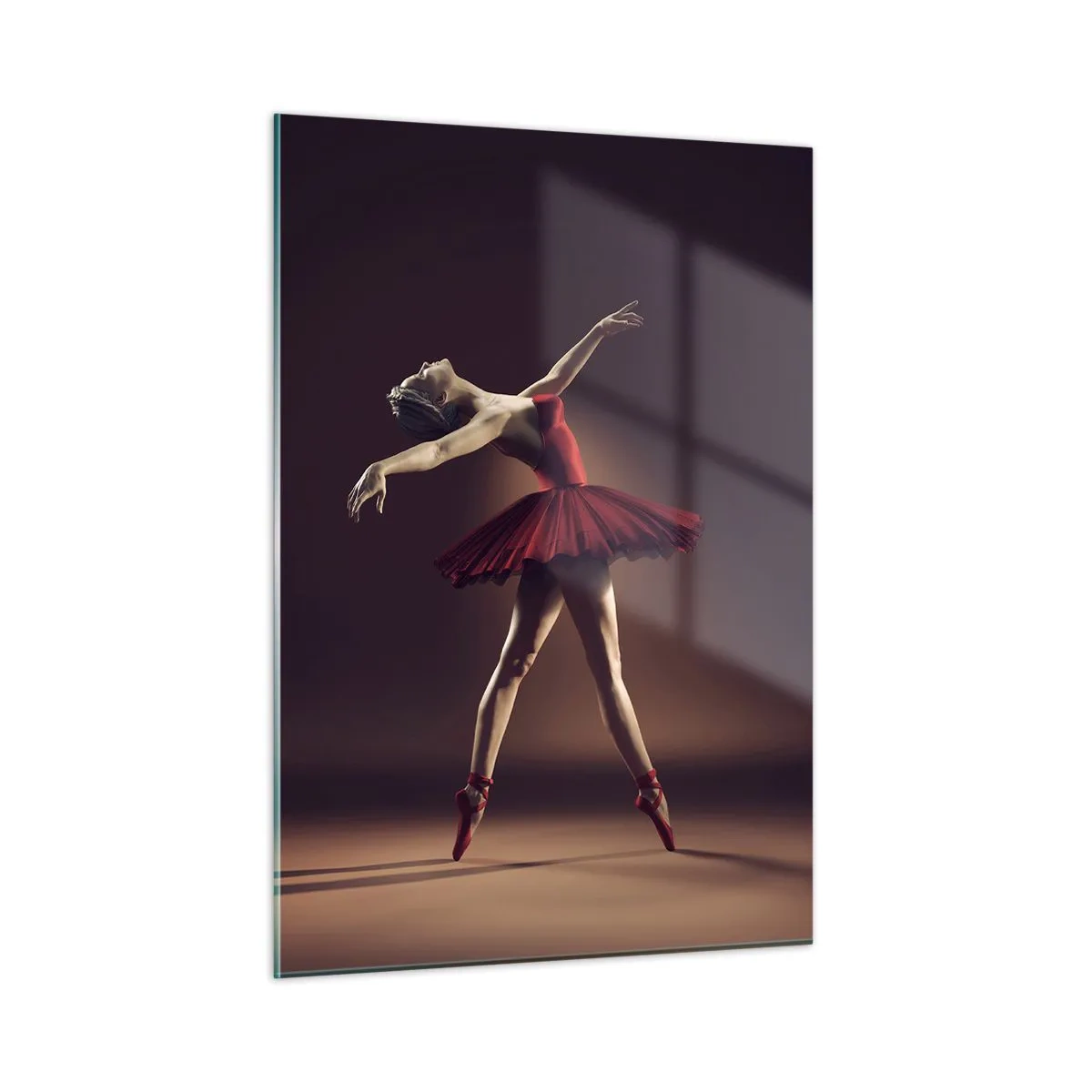 Quadro su vetro - Una ballerina in un abito rosso in una posa dinamica - 50x70cm - Prima ballerina - Decorazione murale moderna per soggiorno e camera da letto ARTTOR