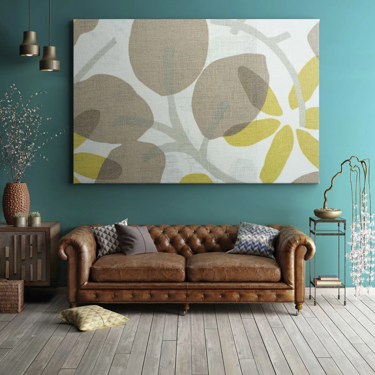 Quadro su tela - Stampe su Tela - Foglie astratte nei toni del beige e del giallo - 70x50cm - Composizione sotto al sole - Decorazione murale moderna per soggiorno e camera da letto ARTTOR