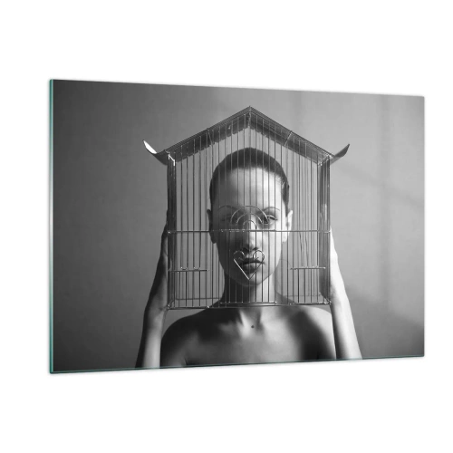 Quadro su vetro - Donna con una gabbia a forma di casa sul viso in bianco e nero - 120x80cm - Ritratto un po' surreale - Decorazione murale moderna per soggiorno e camera da letto ARTTOR