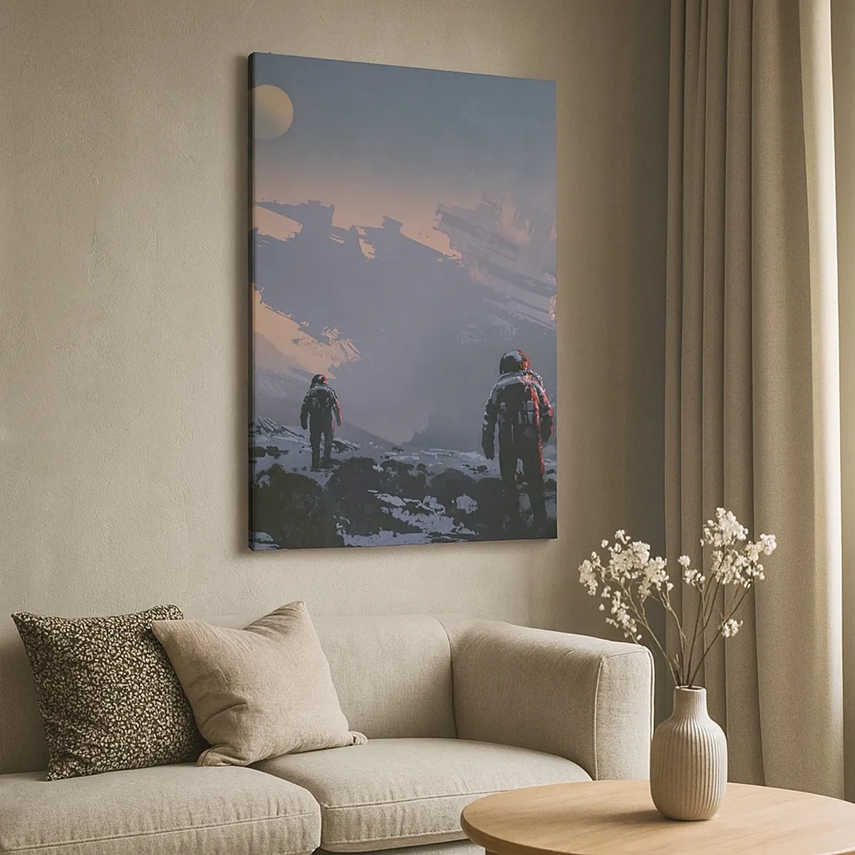 Quadro su tela - Stampe su Tela - Astronauti su un pianeta alieno con un relitto di astronave - 50x70cm - Sotto una stella sconosciuta - Decorazione murale moderna per soggiorno e camera da letto ARTTOR