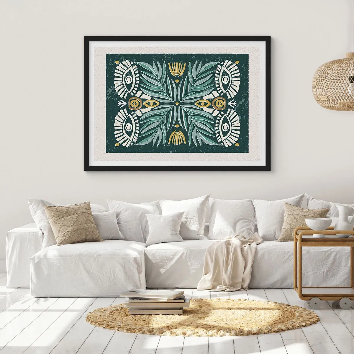 Poster in cornice nera - Motivo vegetale simmetrico su sfondo verde - 100x70cm - Geometrie di arte popolare - Decorazione murale moderna per soggiorno e camera da letto ARTTOR