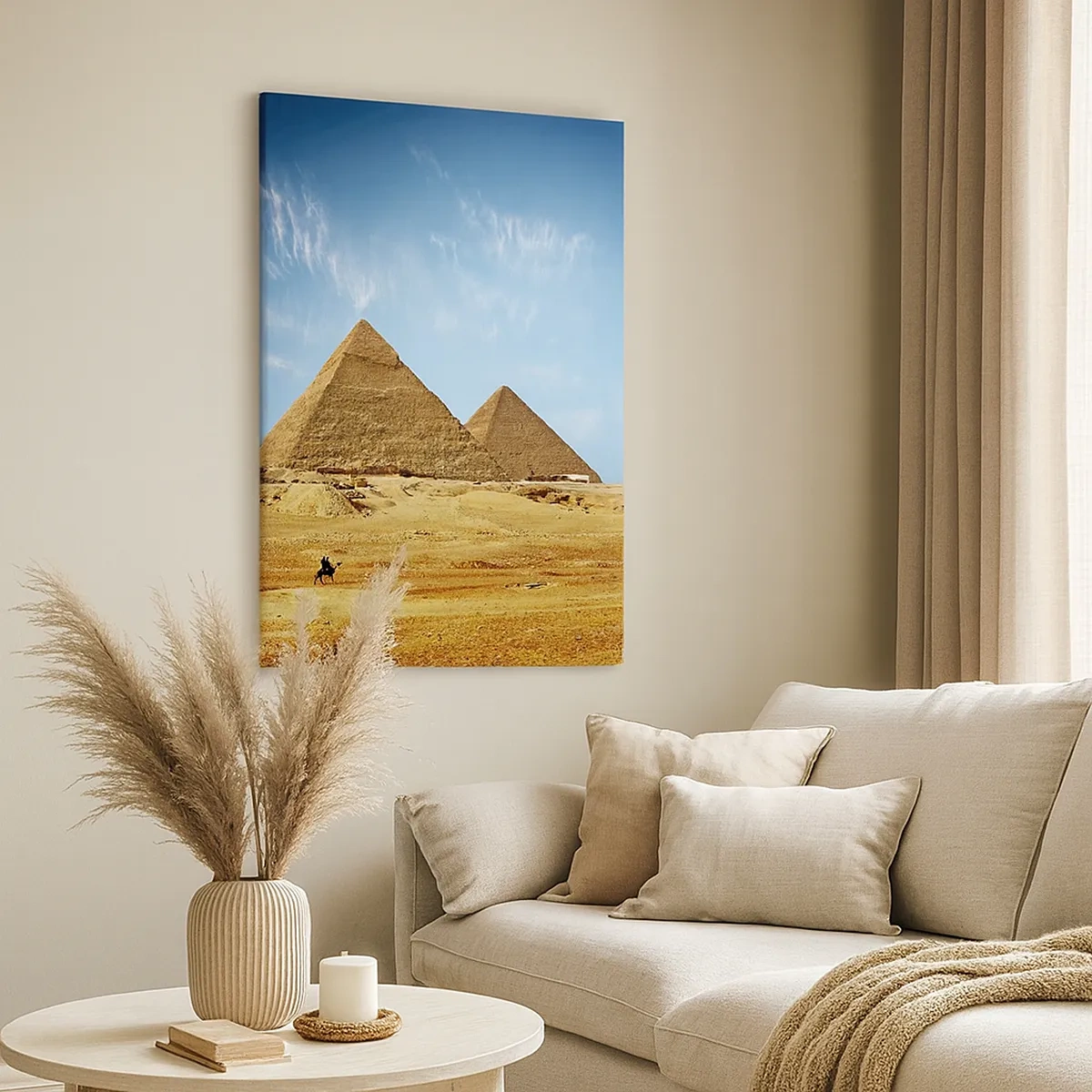 Quadro su tela - Stampe su Tela - Le piramidi di Giza contro un cielo azzurro e un paesaggio desertico - 50x70cm - 40 secoli ci guardano - Decorazione murale moderna per soggiorno e camera da letto ARTTOR