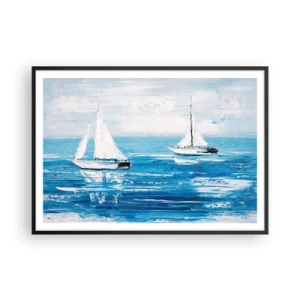 Poster in cornice nera - Yacht sul mare blu in stile artistico - 100x70cm - Con un amico al fianco - Decorazione murale moderna per soggiorno e camera da letto ARTTOR