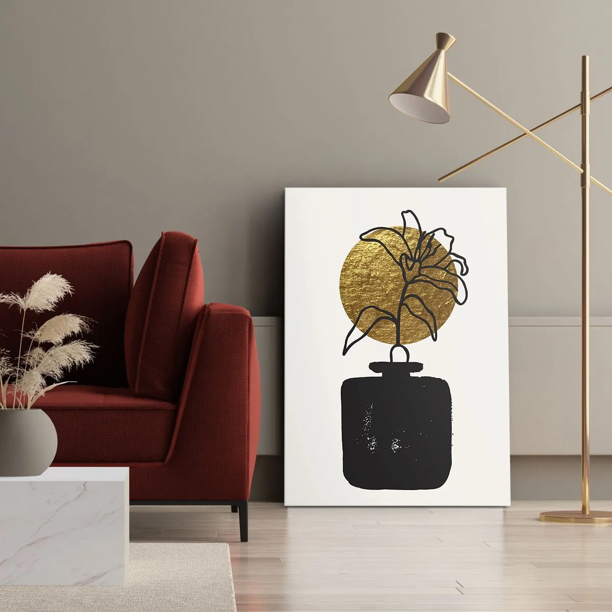Quadro su tela - Stampe su Tela - Un disegno di un fiore in un vaso su uno sfondo di cerchi dorati - 50x70cm - Bellezza a peso d'oro - Decorazione murale moderna per soggiorno e camera da letto ARTTOR