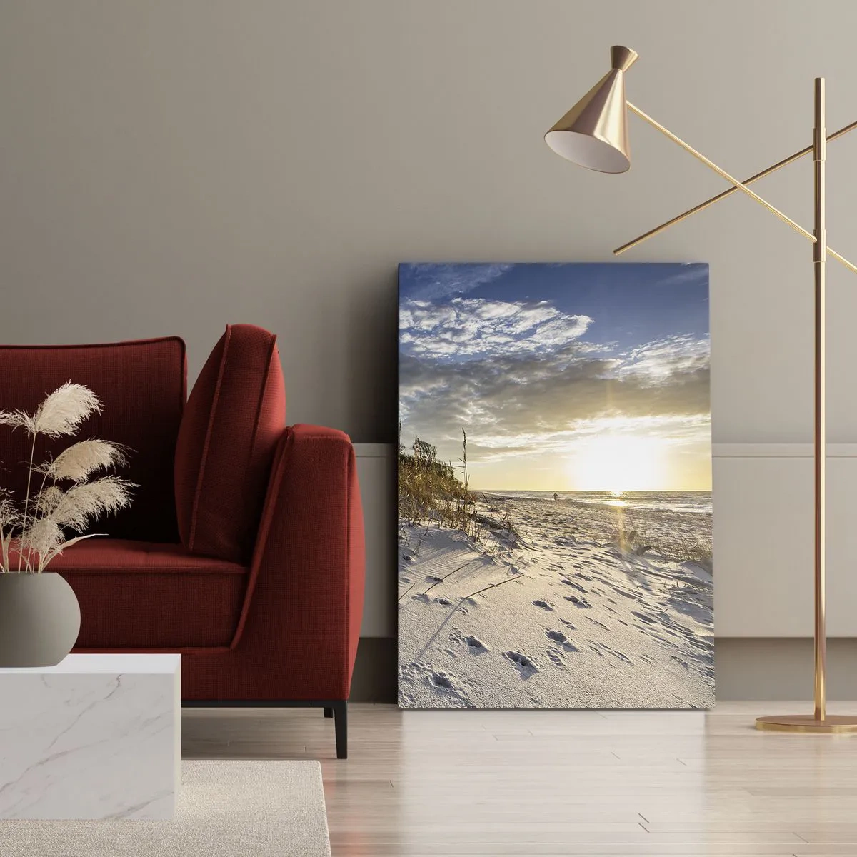 Quadro su tela - Stampe su Tela - Dune con erba e impronte nella sabbia al tramonto - 50x70cm - Invito a passeggiare - Decorazione murale moderna per soggiorno e camera da letto ARTTOR