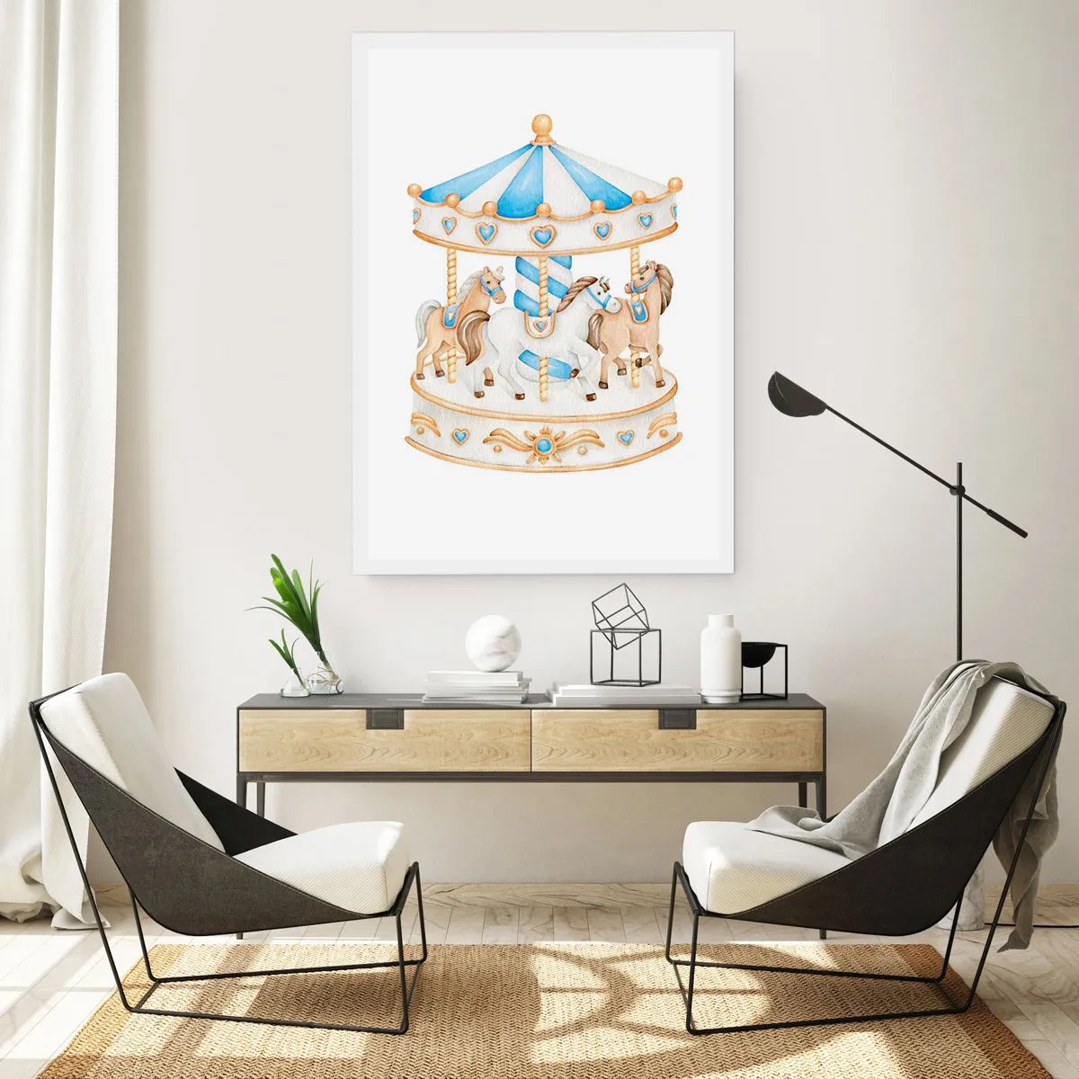 Poster - Giostra ad acquerello in tonalità pastello di blu e oro - 50x70cm - Dolce infanzia - Decorazione murale moderna per soggiorno e camera da letto ARTTOR