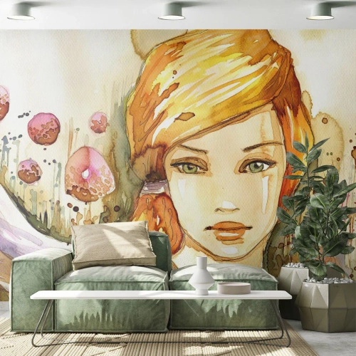 Fotomurali Premium Sand - Sguardo di smeraldo, che calma l'ira - Donna, Prato, Moda - 450x315 cm