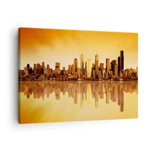 Quadro su tela - Stampe su Tela - Panorama della città riflesso nell'acqua al tramonto - 70x50cm - Silenzio della metropoli - Decorazione murale moderna per soggiorno e camera da letto ARTTOR