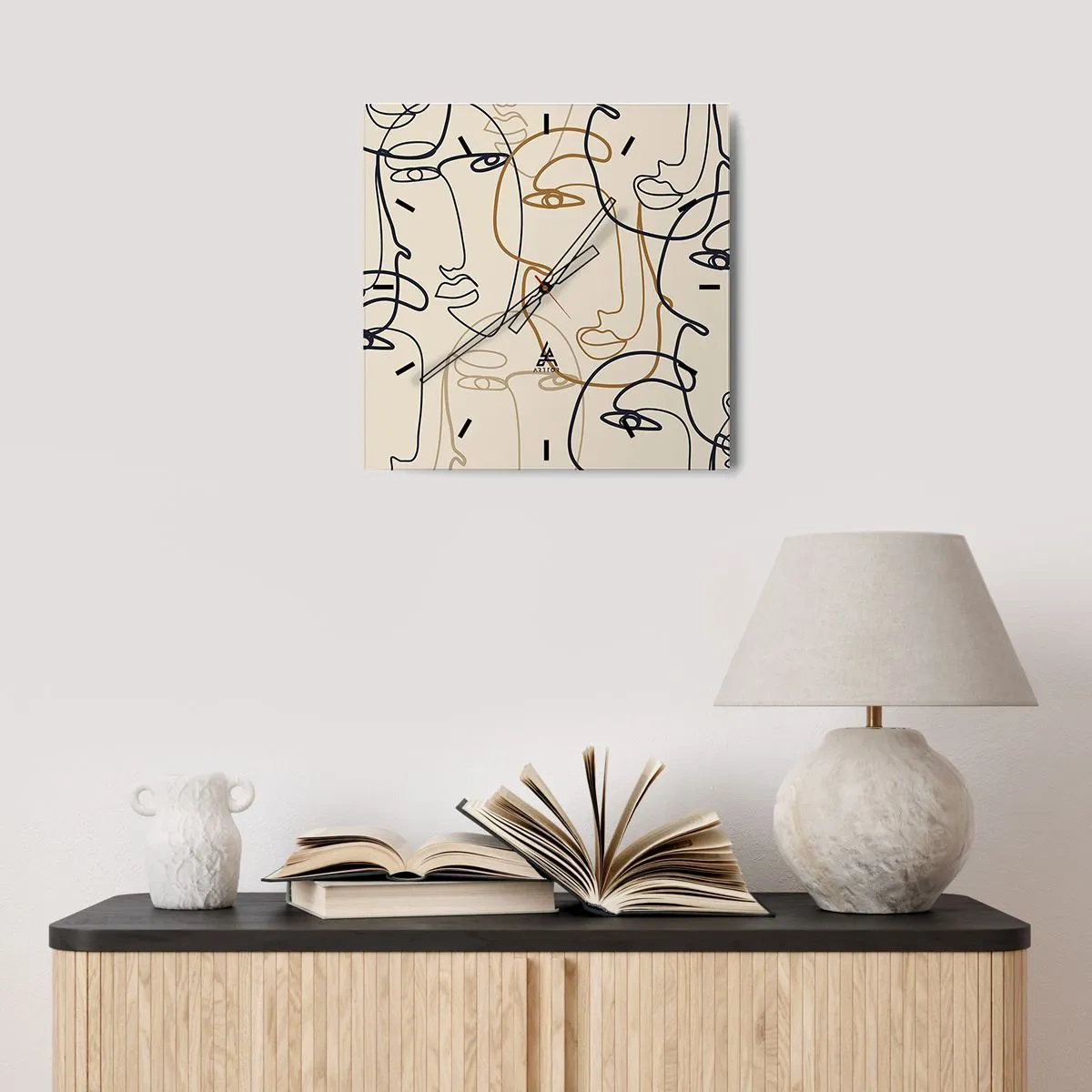 Orologio da parete - Orologio in Vetro - Volti minimalisti in stile line art su sfondo chiaro - 30x30cm - Ritratto multiplo - Decorazione murale moderna per soggiorno e camera da letto ARTTOR