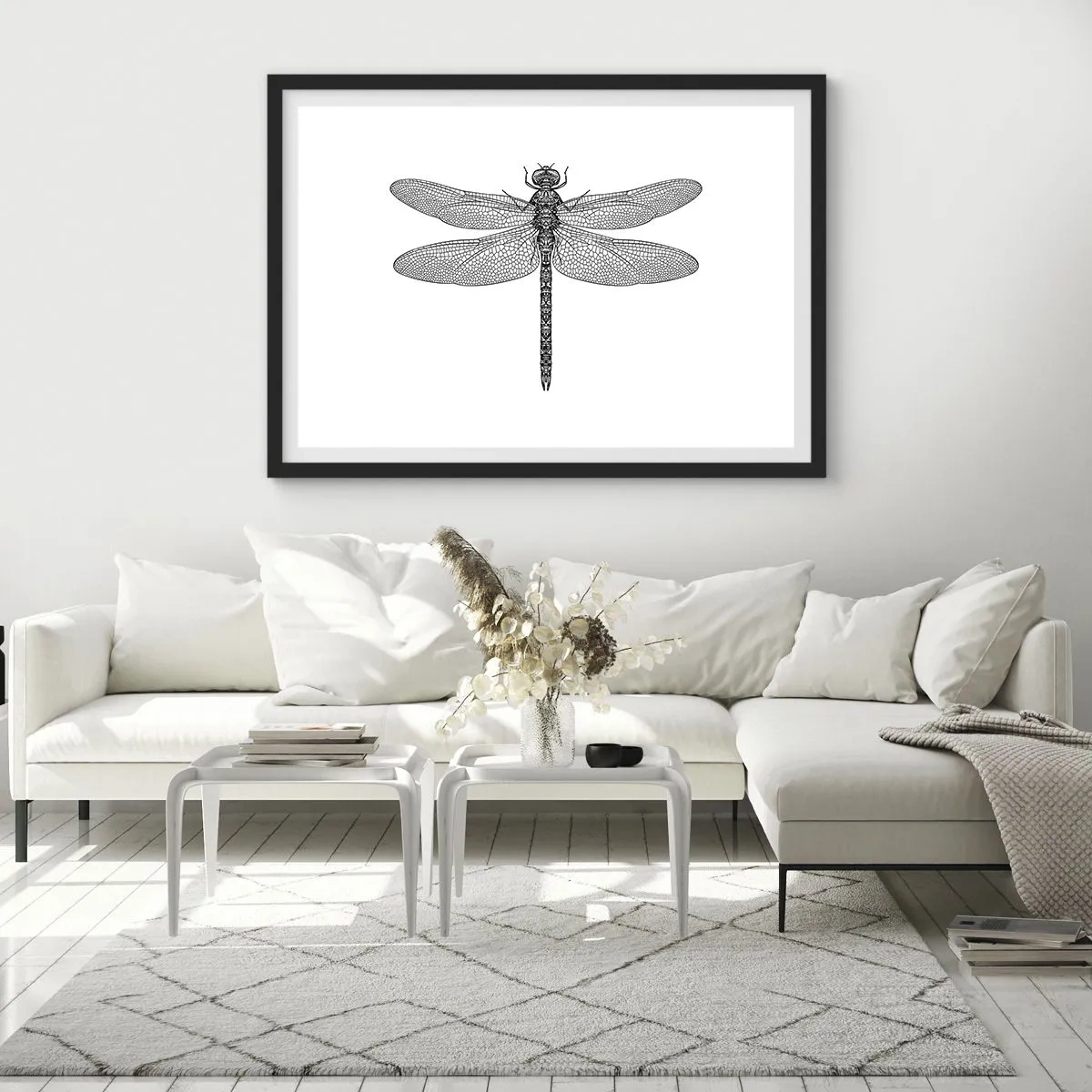 Poster in cornice nera - Disegno in bianco e nero di una libellula su sfondo bianco in stile minimalista - 100x70cm - La precisione della natura - Decorazione murale moderna per soggiorno e camera da letto ARTTOR