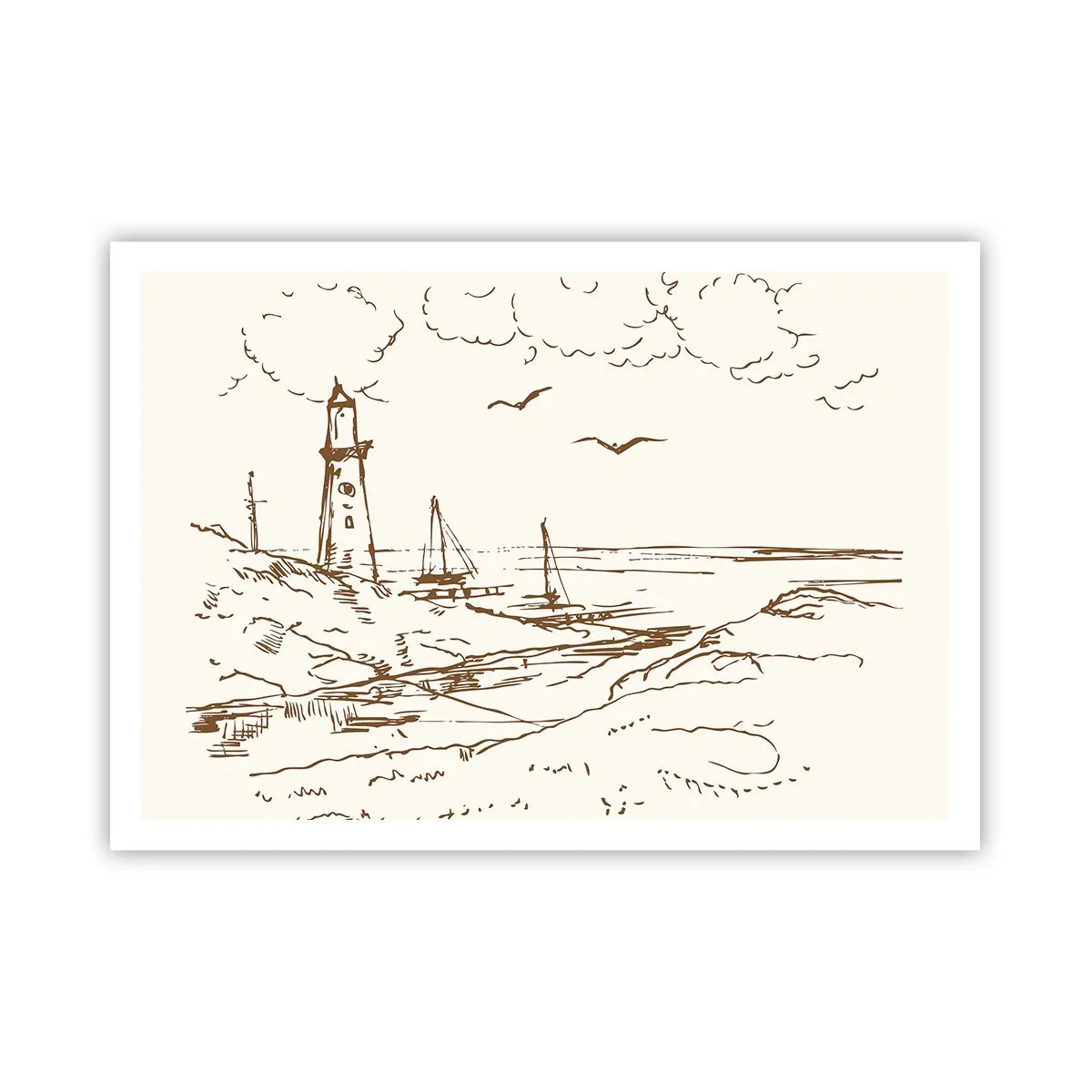 Poster - Schizzo di un faro che domina il mare - 100x70cm - Schizzo dei ricordi d'estate - Decorazione murale moderna per soggiorno e camera da letto ARTTOR