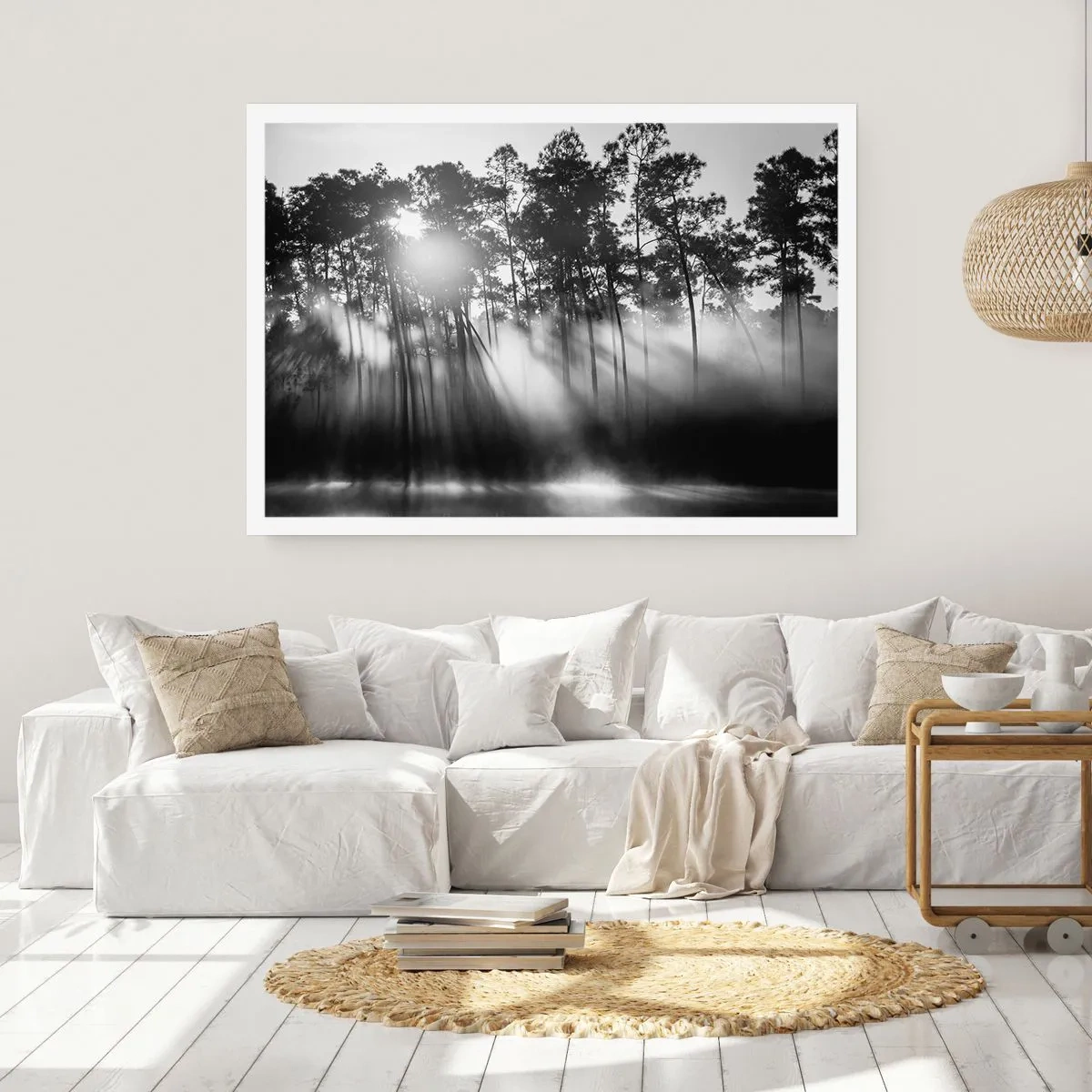 Poster - Foresta bianca e nera nella nebbia mattutina - 100x70cm - Sole irrefrenabile - Decorazione murale moderna per soggiorno e camera da letto ARTTOR