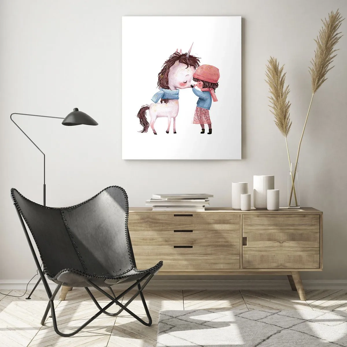 Quadro su vetro - Una ragazza e un unicorno in uno scenario invernale - 80x120cm - Racconto d'inverno - Decorazione murale moderna per soggiorno e camera da letto ARTTOR