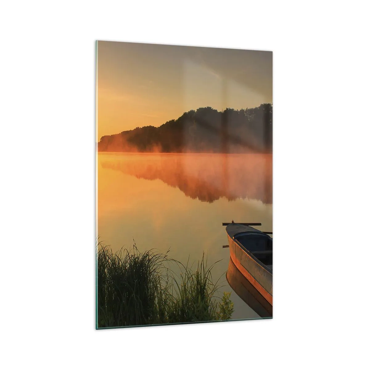 Quadro su vetro - Nebbia mattutina sul fiume con una barca sotto i raggi del sole - 70x100cm - Alba sull'acqua, come uno specchio - Decorazione murale moderna per soggiorno e camera da letto ARTTOR