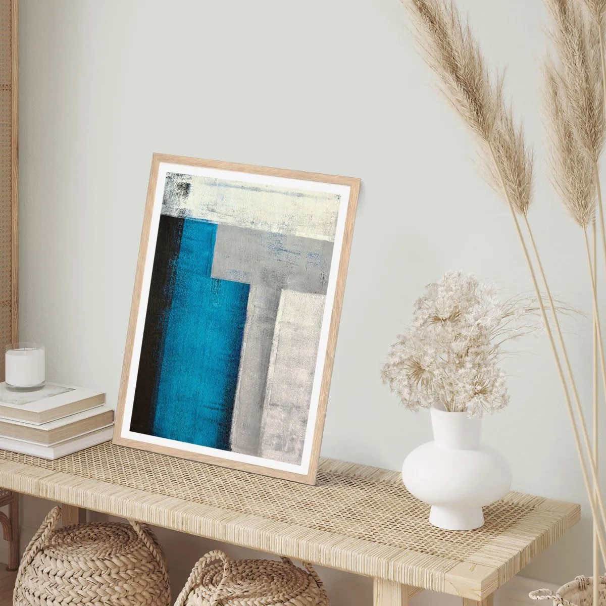 Poster in cornice rovere chiaro - Composizione poetica in grigio e blu - 61x91 cm