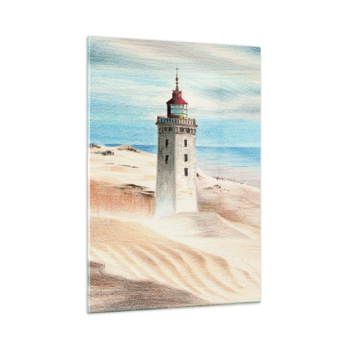 Quadro su vetro - Un faro su una duna del deserto vicino a un mare calmo - 50x70cm - Sempre guardando il mare - Decorazione murale moderna per soggiorno e camera da letto ARTTOR
