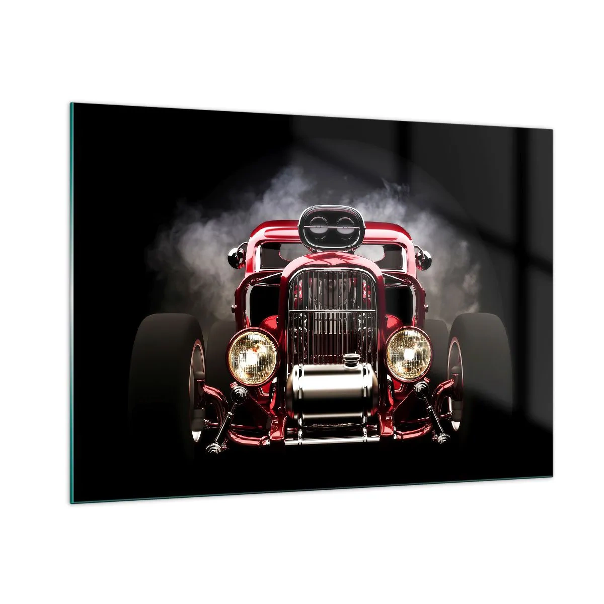 Quadro su vetro - Auto rossa rovente in un denso fumo - 100x70cm - Fast and furiously beautiful - Decorazione murale moderna per soggiorno e camera da letto ARTTOR