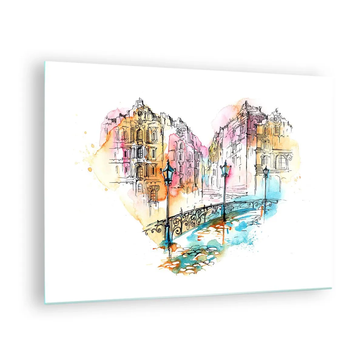 Quadro su vetro - Romantiche case popolari con un ponte a forma di cuore, acquerello - 70x50cm - Il cuore della città - Decorazione murale moderna per soggiorno e camera da letto ARTTOR