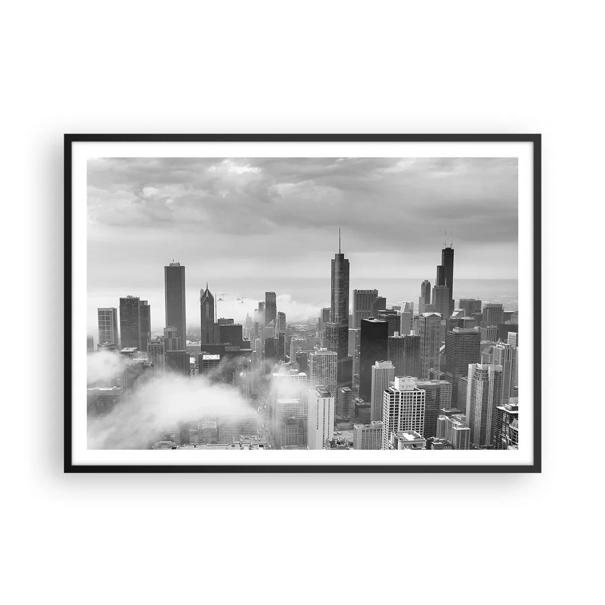 Poster in cornice nera - Panorama della città con grattacieli tra le nuvole in bianco e nero - 100x70cm - Paesaggio americano - Decorazione murale moderna per soggiorno e camera da letto ARTTOR