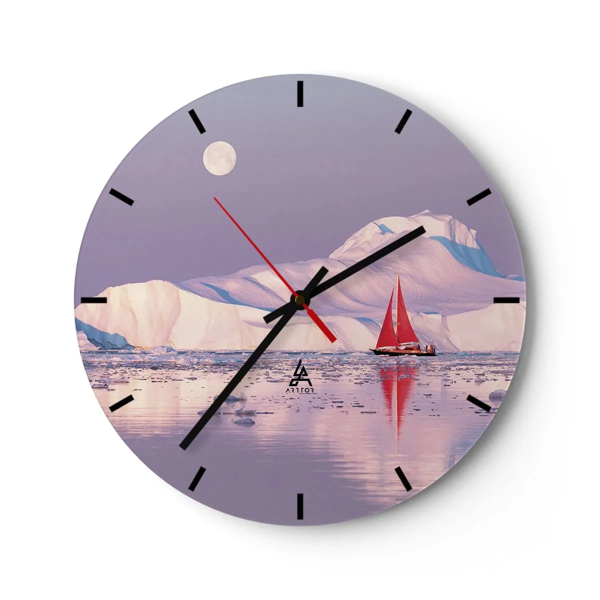 Orologio da parete - Orologio in Vetro - Una nave a vela con iceberg sullo sfondo al chiaro di luna - 30x30cm - Calore della vela, gelo del ghiaccio - Decorazione murale moderna per soggiorno, cucina e camera da letto ARTTOR