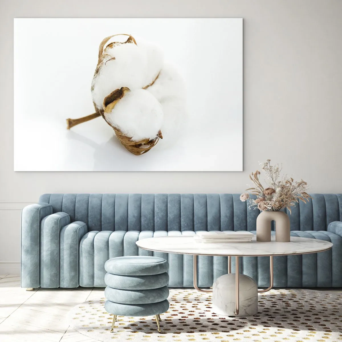 Quadro su vetro - Un singolo fiore di cotone soffice su uno sfondo bianco - 70x50cm - Naturalmente morbido - Decorazione murale moderna per soggiorno e camera da letto ARTTOR